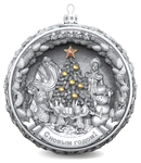 Set of 3 silver Christmas balls "Bells, Happy childhood and Bullfinches"